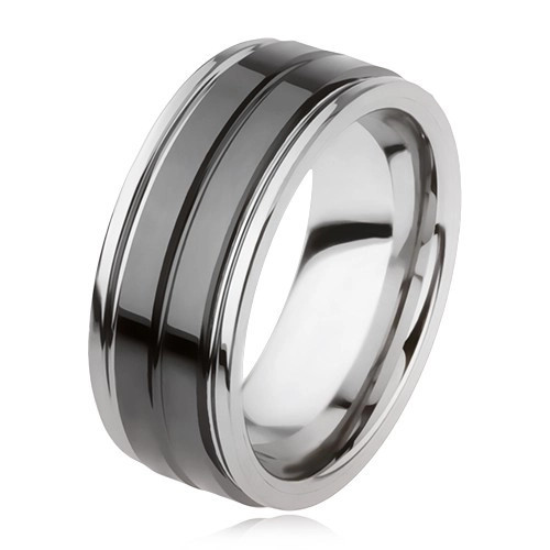 Inel din tungsten cu suprafaţă neagră lucioasă şi crestătură, argintiu - Marime inel: 64