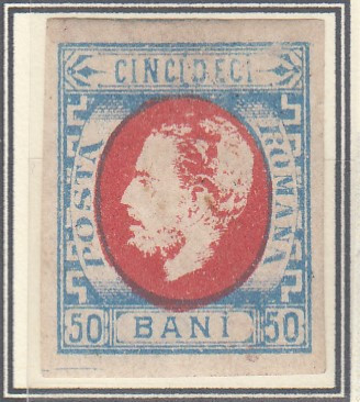 ROMANIA1872 LP 34 CAROL I CU BARBA 50 BANI IMPRESIUNE DEFECTUOASA GUMA ORIGINALA