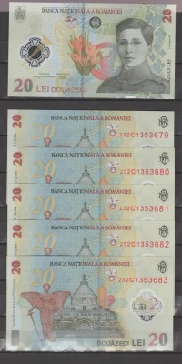 ROMANIA 5 x 20 Lei - 2023 ECATERINA TEODOROIU Polimer , serii consecutive - UNC foto