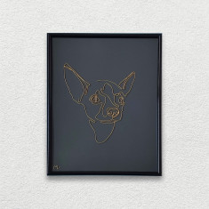 Tablou cap de Chihuahua, sculptura din fir continuu de sarma placata cu aur, 19×25 cm