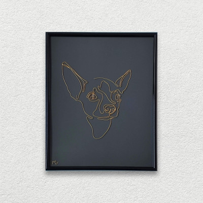 Tablou cap de Chihuahua, sculptura din fir continuu de sarma placata cu aur, 19&amp;times;25 cm foto