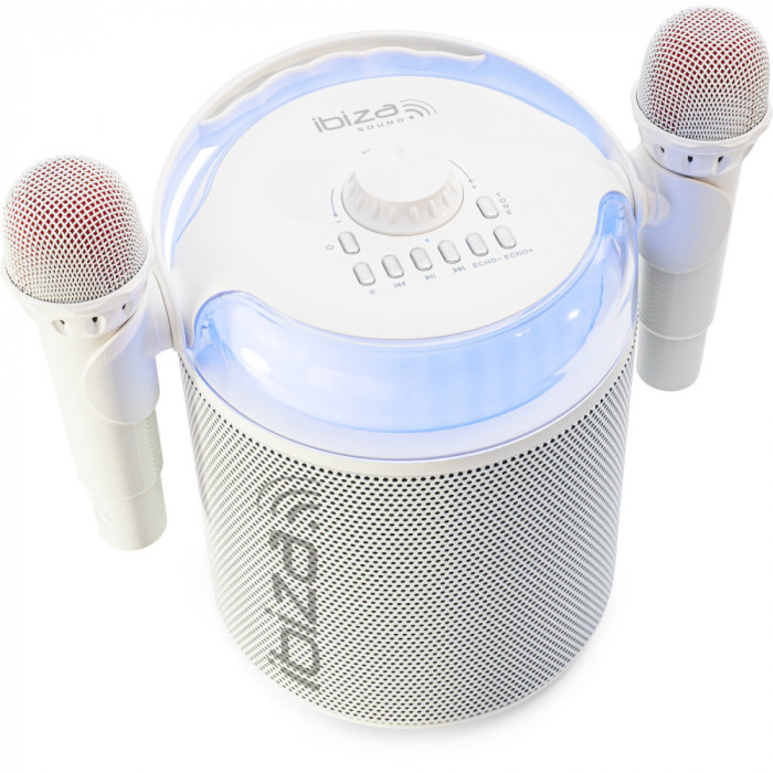 Boxa karaoke portabila cu 2 microfoane, conectare TV, smartphone, 5 efecte vocale, bluetooth, USB, MSD, AUX - alb