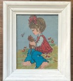 Tablou Goblen anii 80 Fetita cu pisica cusut manual pas mic &icirc;nrămat 40x46cm