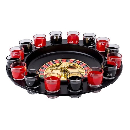 Joc Ruleta cu Shot-uri, diametru de 30cm, cu 16 pahare din sticla culoare rosu