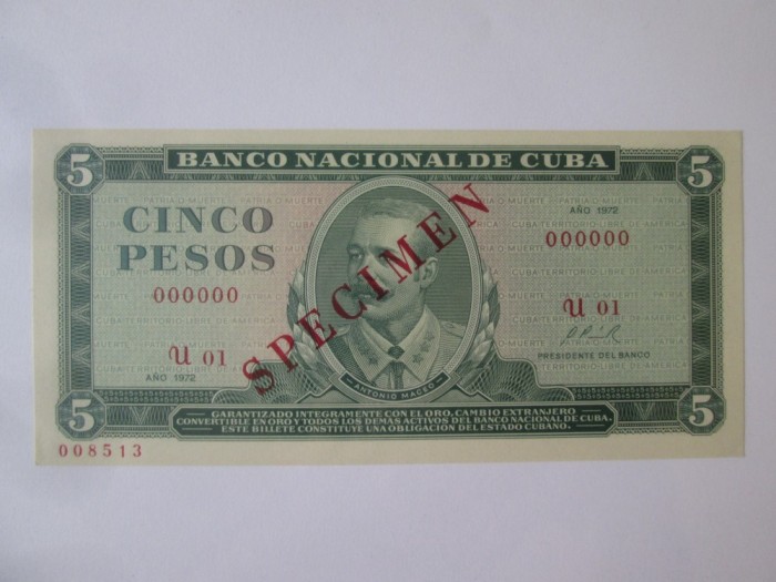 Rara! Cuba 5 Pesos 1972 Specimen UNC