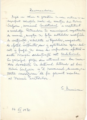A3255N Document scris și semnat olograf de Sami Damian referitor la Mihai Giugariu, 1970 foto