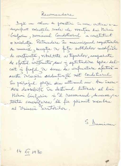 A3255N Document scris și semnat olograf de Sami Damian referitor la Mihai Giugariu, 1970