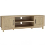HOMCOM Comodă TV 135 cm, mobilier TV pentru televizor p&acirc;nă la 165,1 cm cu 2 uși din ratan, 2 compartimente deschise, stejar | Aosom Romania