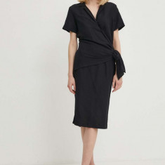 Sisley rochie din in culoarea negru, midi, drept