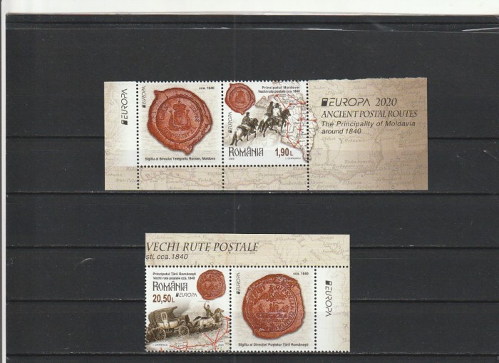 ROMANIA 2020 LP 2280 EUROPA 2020 VECHI RUTE POSTALE SERIE CU VINIETA SI TABS MNH NESTAMPILATA