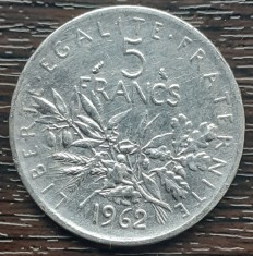 (A1008) MONEDA DIN ARGINT FRANTA - 5 FRANCS 1962, SEMANATOAREA, 12 GRAME, AG 835 foto