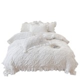 Set Lenjerie de Pat din 100% Bumbac 300TC, 4 Piese, Husă Pilotă 200x230 cm, Alb, cu Volane