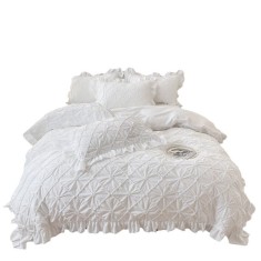 Set Lenjerie de Pat din 100% Bumbac 300TC, 4 Piese, Husă Pilotă 200x230 cm, Alb, cu Volane