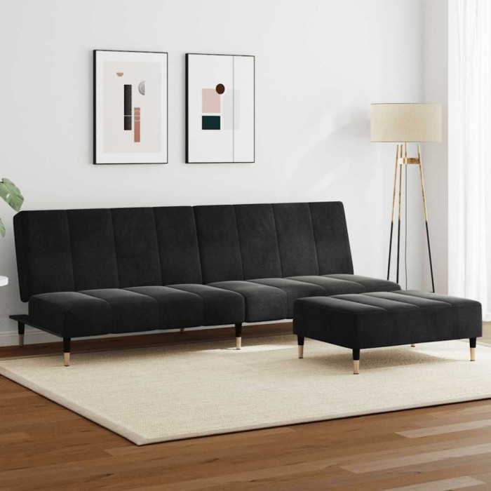 vidaXL Canapea extensibilă cu taburet, 2 locuri, negru, catifea 3258148