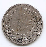 Olanda 10 Cents 1881 - Willem III, Argint 1.4 g/640, 15 mm KM-80, Europa