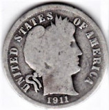 SUA One Dime=10 Cents 1911 D argint 90% aprox 2,5 gr.necuratata cu patina, America de Nord