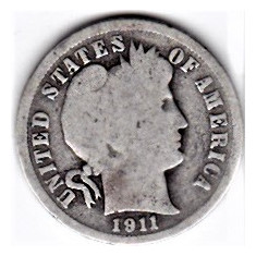 SUA One Dime=10 Cents 1911 D argint 90% aprox 2,5 gr.necuratata cu patina