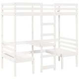 Cadru pat etajat, birou/scaune, alb, 90x190 cm, lemn masiv pin