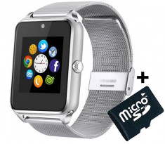 Ceas Smartwatch cu Telefon iUni GT08s Plus, Curea Metalica, Touchscreen, Camera, Notificari, Silver + Card MicroSD 4GB Cadou foto