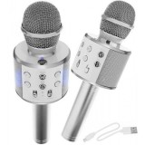 Microfon Karaoke Bluetooth Boxa USB Argintiu, Android/iOS, Baterie 1200mAh, Echo, Bass, Sopran