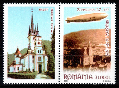 Romania 2004, LP 1652 a, Zeppelin Brasov, cu vinieta Biserica stanga, MNH! RAR! foto