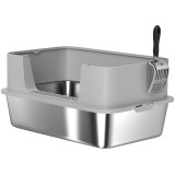 PawHut Cutie Nisip Pisici Oțel Inoxidabil XL Bordo &Icirc;nalt Anti-Scurgeri Ușor Curățat Gri 60x40x29.5 cm Lopată Incl.