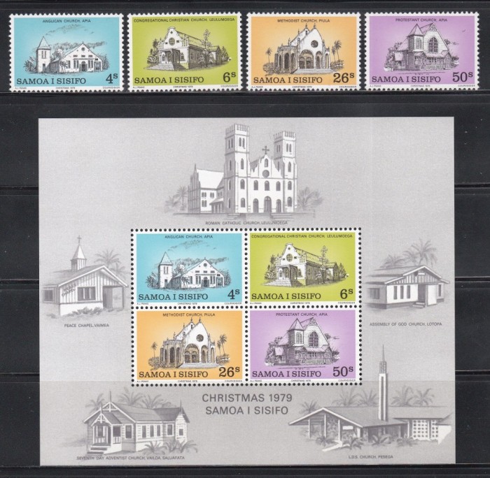 Samoa 1979 - Crăciun - Biserici, Serie + Colita, MNH