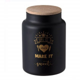 Recipient din sticla Pufo Make it Sweet pentru zahar, cafea, ceai sau condimente, cu capac ermetic din bambus, 890 ml, negru