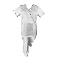 Costum Medical Pe Stil, Alb cu Elastan cu Garnitură stil Japonez, Model Marinela - XL, 4XL