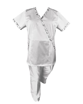 Costum Medical Pe Stil, Alb cu Elastan cu Garnitură stil Japonez, Model Marinela - 4XL, 4XL foto