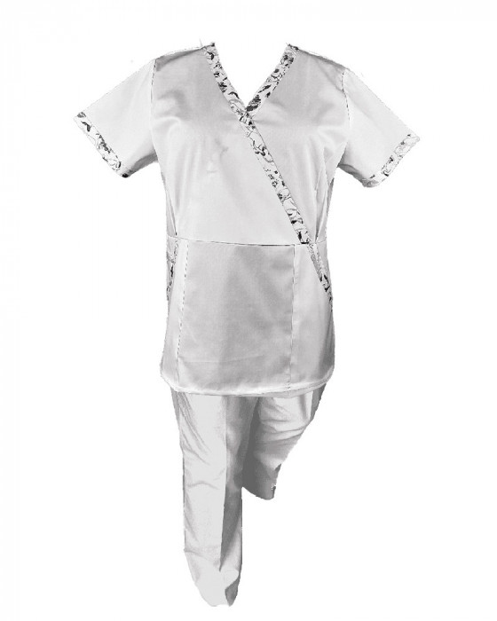 Costum Medical Pe Stil, Alb cu Elastan cu Garnitură stil Japonez, Model Marinela - S, 2XL