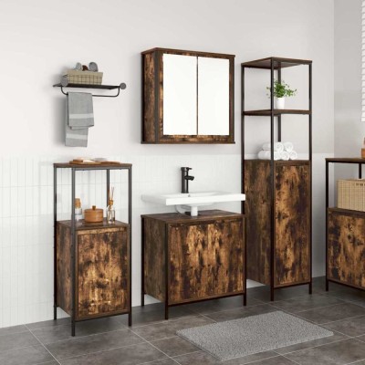 vidaXL Set de mobilier pentru baie 3 piese din stejar fumuriu - Lemn prelucrat foto