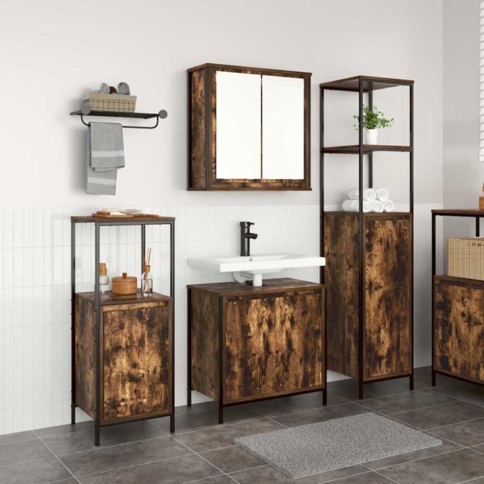 vidaXL Set de mobilier pentru baie 3 piese din stejar fumuriu - Lemn prelucrat