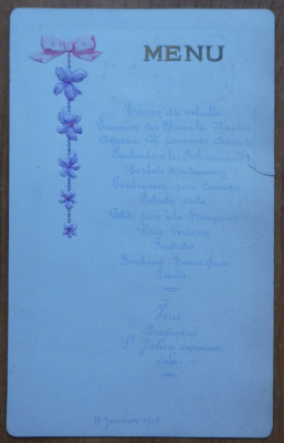 Meniu romanesc embosat , scris de mana , 19 ianuarie 1908 foto