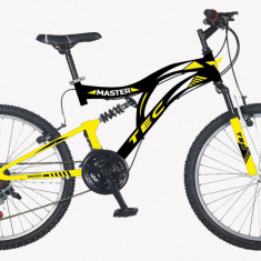 Bicicleta MTB Tec Master full suspensie, culoare negru/galben, roata 26", cadru PB Cod:222619000309