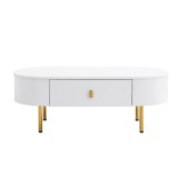 Masă de cafea cu 2 sertare, colțuri rotunjite, m&acirc;nere și picioare aurii, 108x50x40 cm, Alb