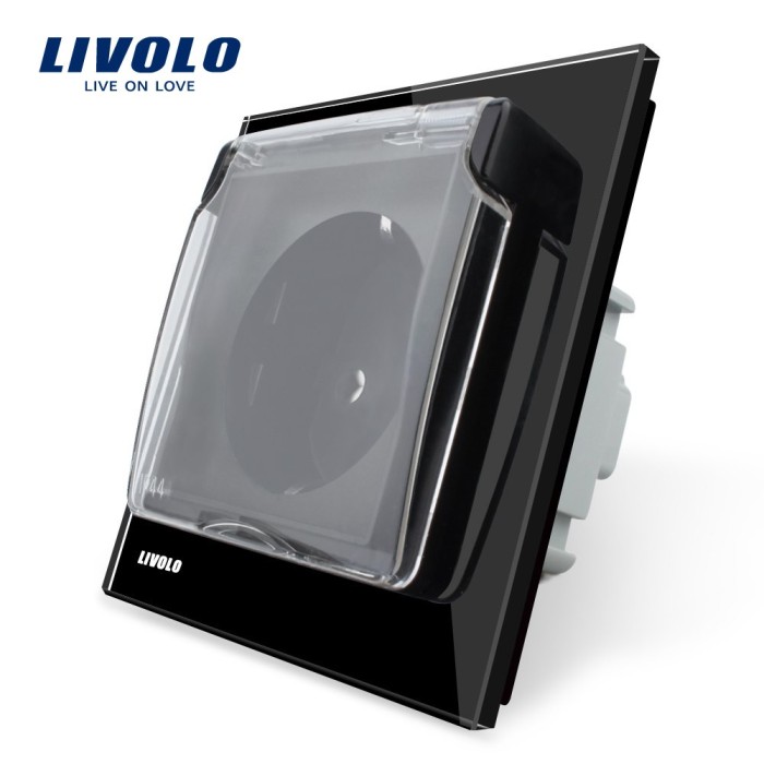Priza simpla Livolo cu rama din sticla si capac de protectie rezistent la apa SmartElectro IntelligentHouse