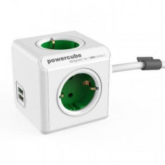 Prelungitor in forma de cub 4 prize 2x USB lungime cablu 1.5m alb/verde Allocacoc