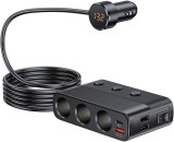 Prelungitor priza auto cu adaptor 7 in 1, 128W, 3x soclu auto, 3 x USB, Quick Charge 3.0, 1 x USB-C, afisaj display voltaj