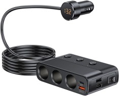 Prelungitor priza auto cu adaptor 7 in 1, 128W, 3x soclu auto, 3 x USB, Quick Charge 3.0, 1 x USB-C, afisaj display voltaj