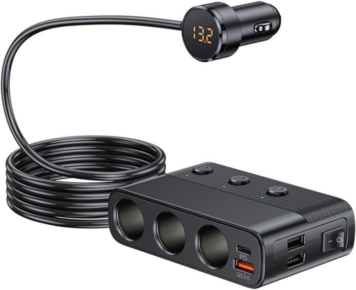 Prelungitor priza auto cu adaptor 7 in 1, 128W, 3x soclu auto, 3 x USB, Quick Charge 3.0, 1 x USB-C, afisaj display voltaj