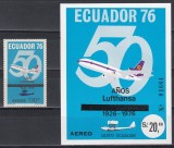 Ecuador 1976 - A 50-a aniversare a companiei aeriene Lufthansa, Serie + Colita NDT ( F. RARA), MNH