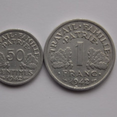 LOT 2 MONEDE DIFERITE - 50 CENTIMES,1 FRANC 1942 FRANTA-VICHY