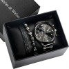 Set Cadou Barbati Migeer: Ceas Negru, Bratari Elegante, Cutie Cadou - Mecanism Quartz, Otel Inoxidabil