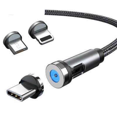 Cablu de incarcare magnetic 3 in 1 360 grade + 180 grade, 2 m, micro, type C, iPhone, 5 V, 2.1 A, Negru foto