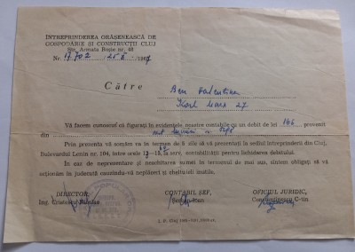 Document, Intreprinderea oraseneasca Cluj, 1967 foto