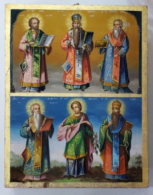 Sf. Ioan, Sf. Vasilie, Sf. Grigorie, Sf. Doroftei, Sf. Trifon si Sf. Chiril - Icoana Romanesca, semnata Atanase Zugrav, datata 1866 foto