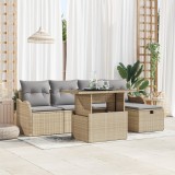 Set canapea gradina 6 piese cu perne bej ratan poli, canapea gradina cu depozitare &amp; perne pentru 2 persoane bej ratan poli
