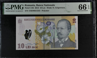 10 lei 2013 gradata PMG 66 EPQ Gem Unc, polimer foto