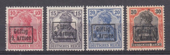 ROMANIA 1918 TIMBRE GERMANE CU SUPRATIPAR GULTIG 9 ARMEE GUMA ORIGINALA SARNIERA